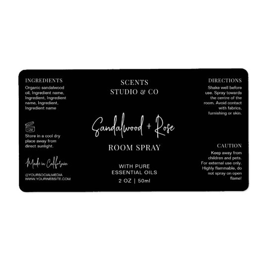 Modern Zwart Script Room Spray Flessenwikkelaar Etiket (Voorkant)