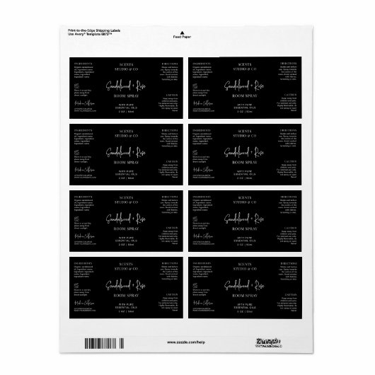 Modern Zwart Script Room Spray Flessenwikkelaar Etiket (Full Sheet)