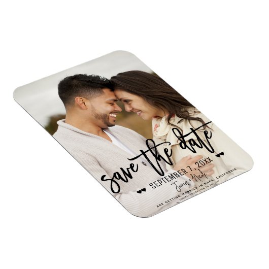 Modern Zwart Script Sla de datum bruiloft foto Magneet (Rechterzijde)