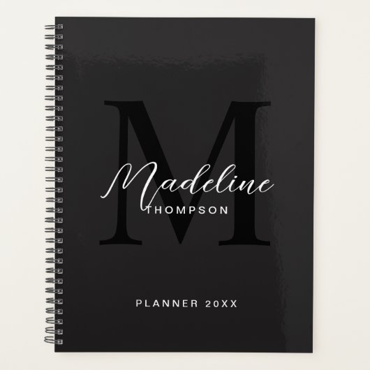 Modern Zwart Script Typografie Initiaal Monogram Planner (Voorkant)