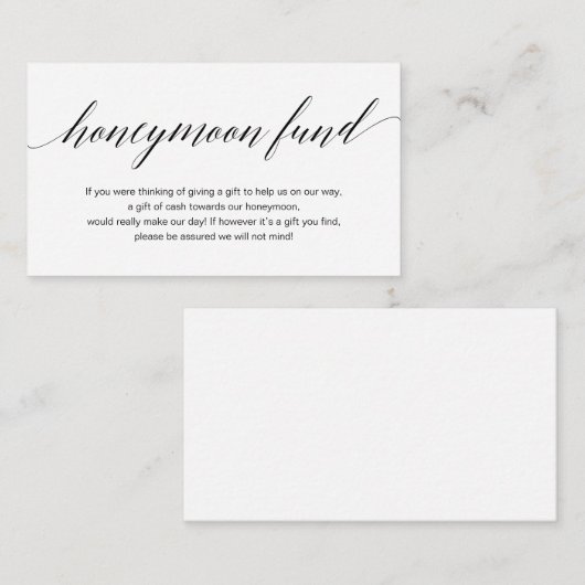 Modern zwart script, Wedding Honeymoon Fund Informatiekaartje (Voorkant / Achterkant)