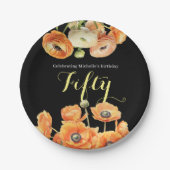 Modern Zwart Sinaasappel Bloemen 50ste Verjaardag  Papieren Bordje (Voorkant)