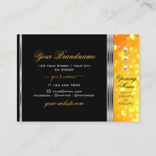Modern Zwart Sinaasappel Glitter Diamonds Silver B Visitekaartje (Achterkant)