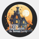 Modern zwart Sinaasappel spookhuis Happy Halloween Ronde Sticker (Voorkant)