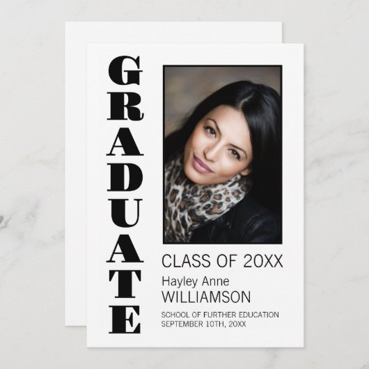 Modern Zwart Tekst Aangepaste Foto Afstuderen Aankondiging (Voorkant / Achterkant)