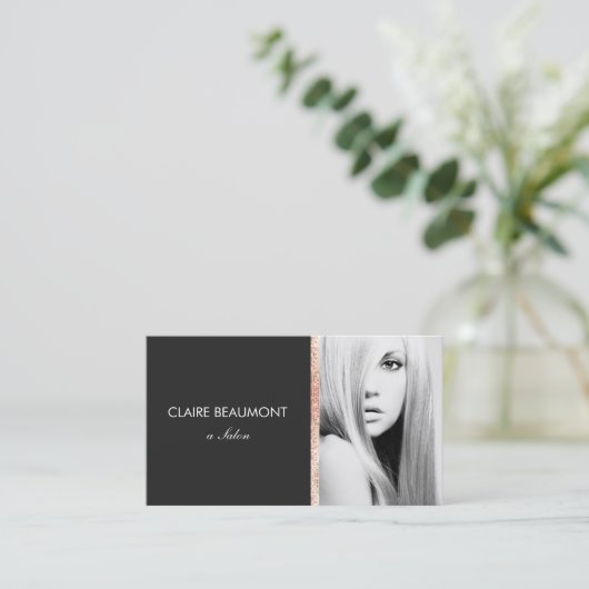 Modern zwart toze goud lovertje salon foto visitek visitekaartje (Staand voorkant)