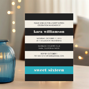 Modern zwart & turquoise streep Sweet Sixteen Kaart