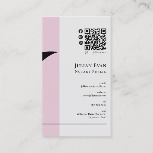 Modern Zwart veer roze Notaris Public Qr code Visitekaartje (Achterkant)