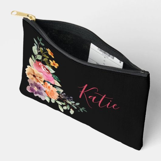 Modern zwart Waterverf bloemenschrift Monogram Etui (Open)