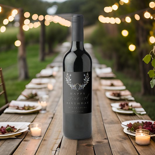 Modern Zwart Waterverf Olijftak ELKE Verjaardag Wijn Etiket