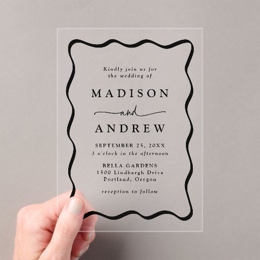 Modern Zwart Wavy Lijst bruiloft Acryl Uitnodigingen (Insitu (Draagbaar))