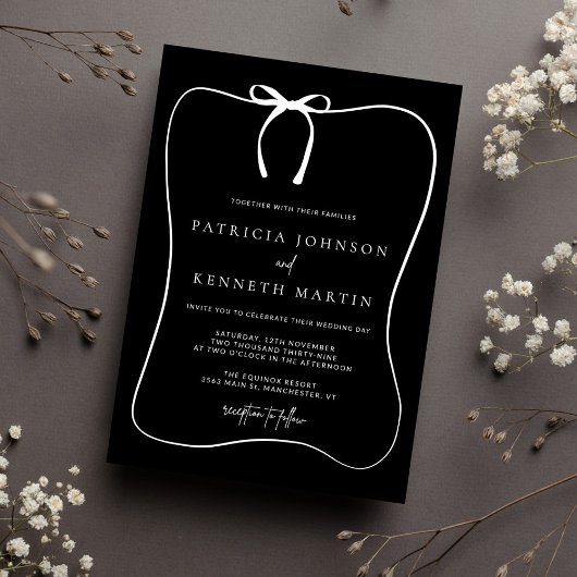 Modern Zwart & White Line Art Bow Lijst bruiloft Kaart