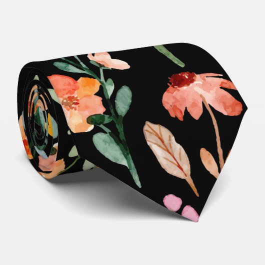 Modern zwart Wildflower Waterverf Pattern Stropdas (Opgerold)