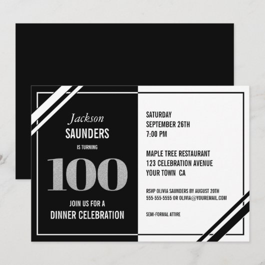 Modern Zwart Wit 100ste Verjaardag Dinner Party Kaart (Voorkant / Achterkant)