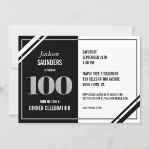 Modern Zwart Wit 100ste Verjaardag Dinner Party Kaart