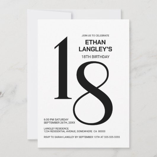 Modern zwart-wit 18e verjaardagsfeest kaart (Voorkant)