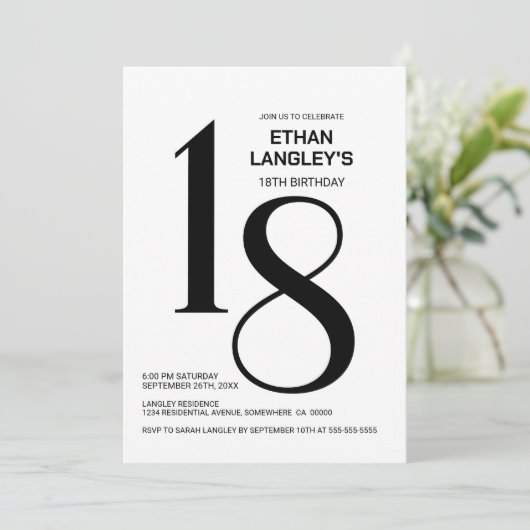 Modern zwart-wit 18e verjaardagsfeest kaart (Staand voorkant)
