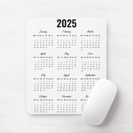 Modern Zwart Wit 2025 Kalender Voljaar Uitzicht Muismat (Met muis)