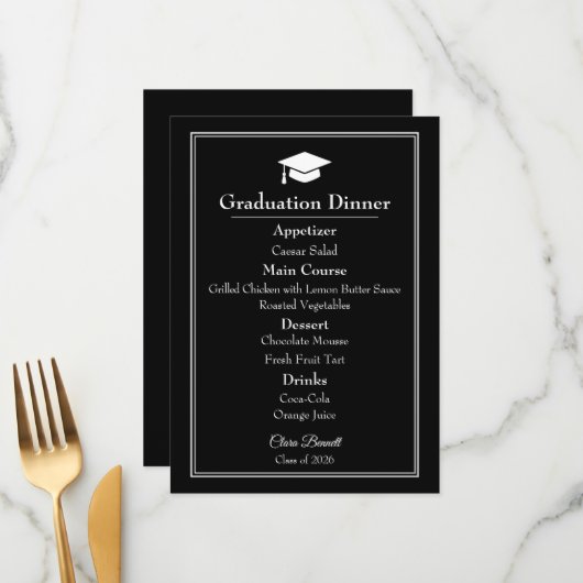 Modern Zwart & Wit 2026 Afstudeer Menu (Voorkant / Achterkant in situ)