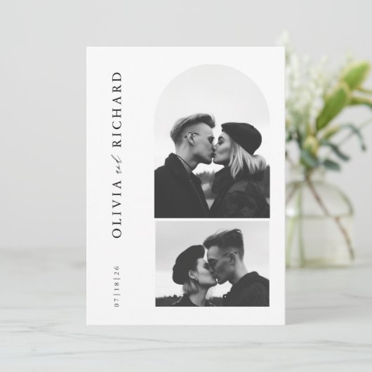 Modern zwart-wit 2 foto bruiloft kaart (Staand voorkant)