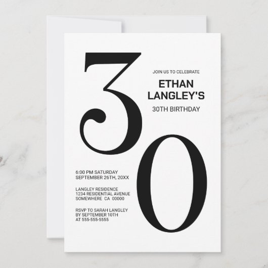 Modern zwart-wit 30ste verjaardagsfeest kaart (Voorkant)