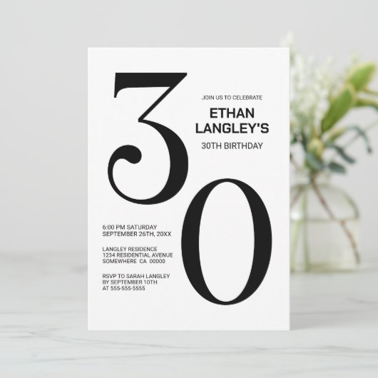 Modern zwart-wit 30ste verjaardagsfeest kaart (Staand voorkant)