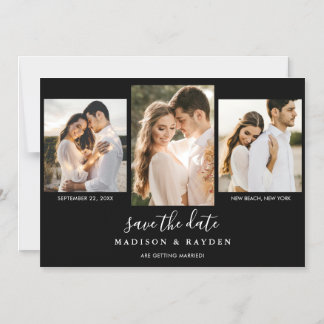 Modern Zwart Wit 3 Foto Bruiloft Save The Date Magnetische Uitnodiging