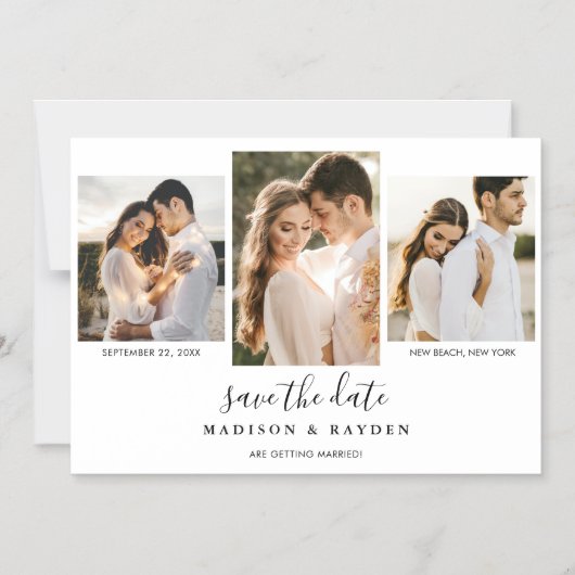 Modern Zwart Wit 3 Foto Bruiloft Save The Date Magnetische Uitnodiging (Voorkant)