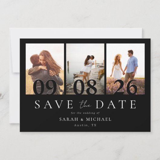 Modern zwart-wit 3 foto collage bruiloft save the date (Voorkant)