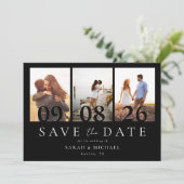 Modern zwart-wit 3 foto collage bruiloft save the date (Staand voorkant)