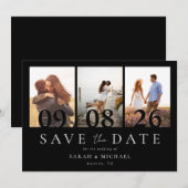 Modern zwart-wit 3 foto collage bruiloft save the date (Voorkant / Achterkant)