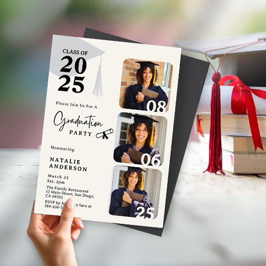 Modern Zwart & Wit 3 Foto's Afstudeerfeest Kaart