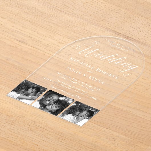 Modern zwart-wit 3 Fotostrip Trouwen Acryl Uitnodigingen (Laagn)