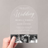 Modern zwart-wit 3 Fotostrip Trouwen Acryl Uitnodigingen (Insitu (Draagbaar))