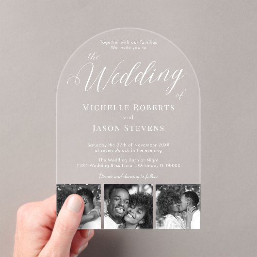 Modern zwart-wit 3 Fotostrip Trouwen Acryl Uitnodigingen (Insitu (Draagbaar))