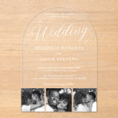 Modern zwart-wit 3 Fotostrip Trouwen Acryl Uitnodigingen (Voorkant)