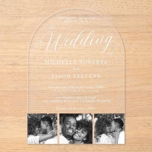 Modern zwart-wit 3 Fotostrip Trouwen Acryl Uitnodigingen (Voorkant)