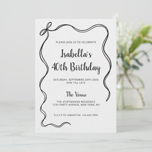 Modern Zwart Wit 40e Verjaardag Hand getrokken Bow Kaart (Staand voorkant)