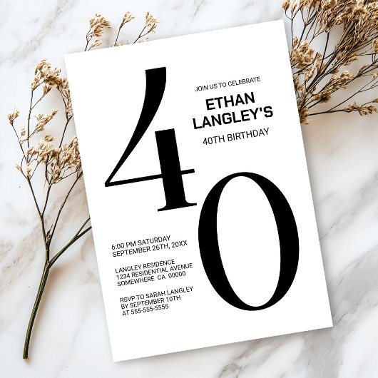 Modern zwart-wit 40e verjaardagsfeest kaart