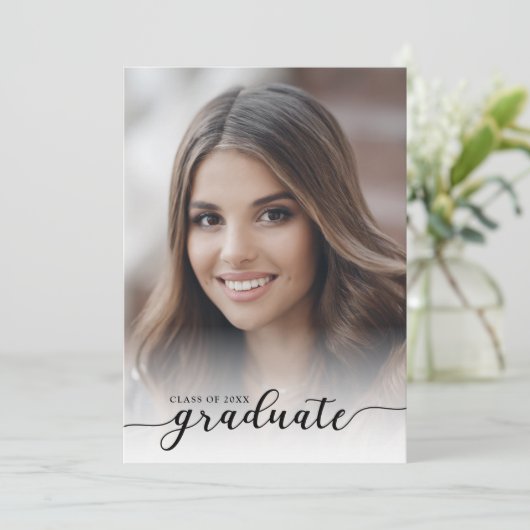 Modern zwart-wit 4-foto afstudeerfeest kaart (Staand voorkant)