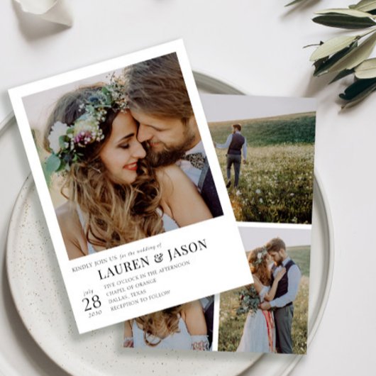 Modern zwart-wit 4 foto bruiloft kaart