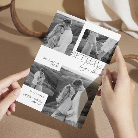 Modern zwart-wit 4 foto typografie bruiloft save the date