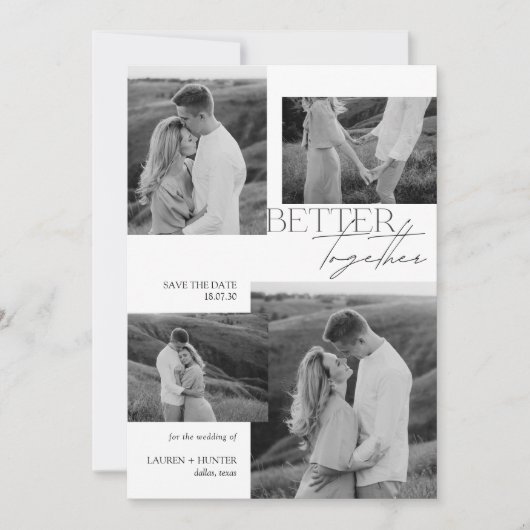 Modern zwart-wit 4 foto typografie bruiloft save the date (Voorkant)