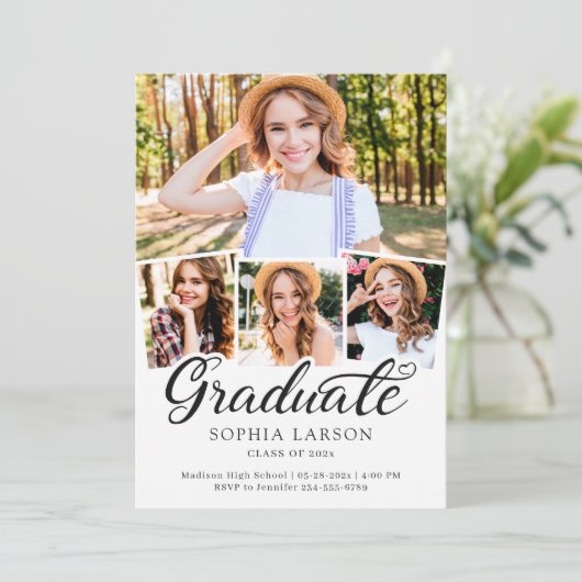 Modern Zwart Wit 4 Fotocollage Afstuderen Aankondiging (Staand voorkant)