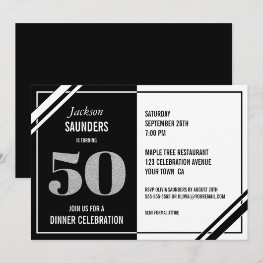 Modern Zwart Wit 50ste Verjaardag Dinner Party Kaart (Voorkant / Achterkant)