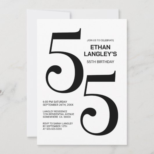 Modern zwart-wit 55ste verjaardagsfeest kaart (Voorkant)