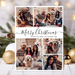 Modern Zwart Wit 5 Fotocollage Kerstmis Briefkaart<br><div class="desc">Elegant, modern zwart wit 5 foto collage vakantie script kerst familie foto Briefkaarten. Deze feestelijke, minimalistische, grillige vijf (5) foto vakantie wenskaart sjabloon beschikt over een grid fotocollage en zegt "Vrolijk kerstfeest"! De begroetingstekst "Merry Christmas" is geschreven in een prachtig handgeschreven wervelig swirly-tail wit lettertype script op zwarte kleur achtergrond....</div>