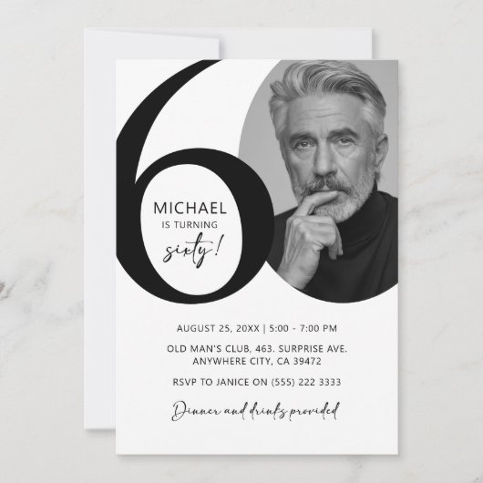 Modern zwart-wit 60e foto verjaardagsfeestje kaart (Voorkant)
