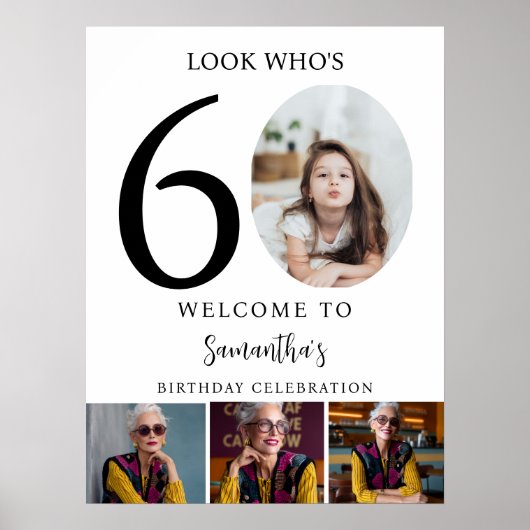 Modern Zwart Wit 60e Verjaardag 4 Foto Welkom Poster (Voorkant)