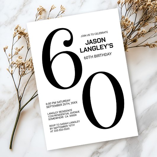 Modern zwart-wit 60ste verjaardagsfeest kaart